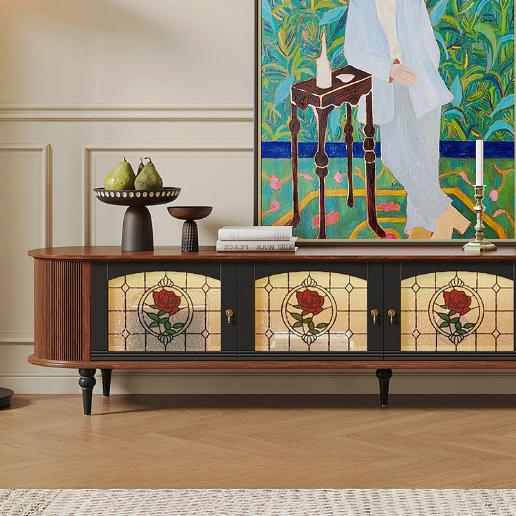 Vintage all-solid wood TV cabinet Living room home painted glass TV cabinet
