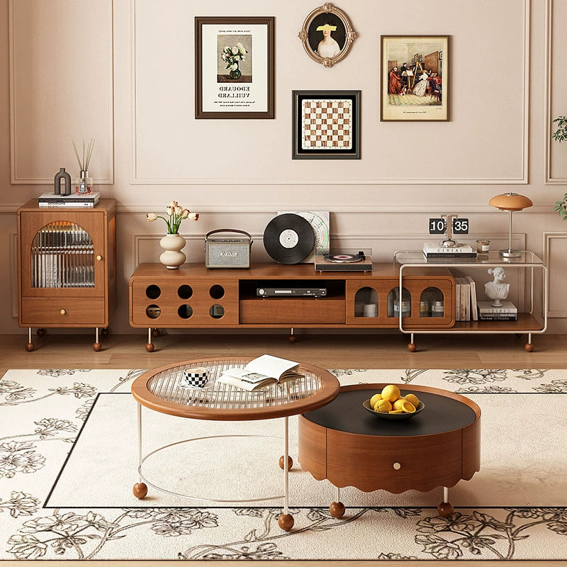 Retro telescopic TV cabinet Solid wood storage cabinet Living room household cabinet Customized