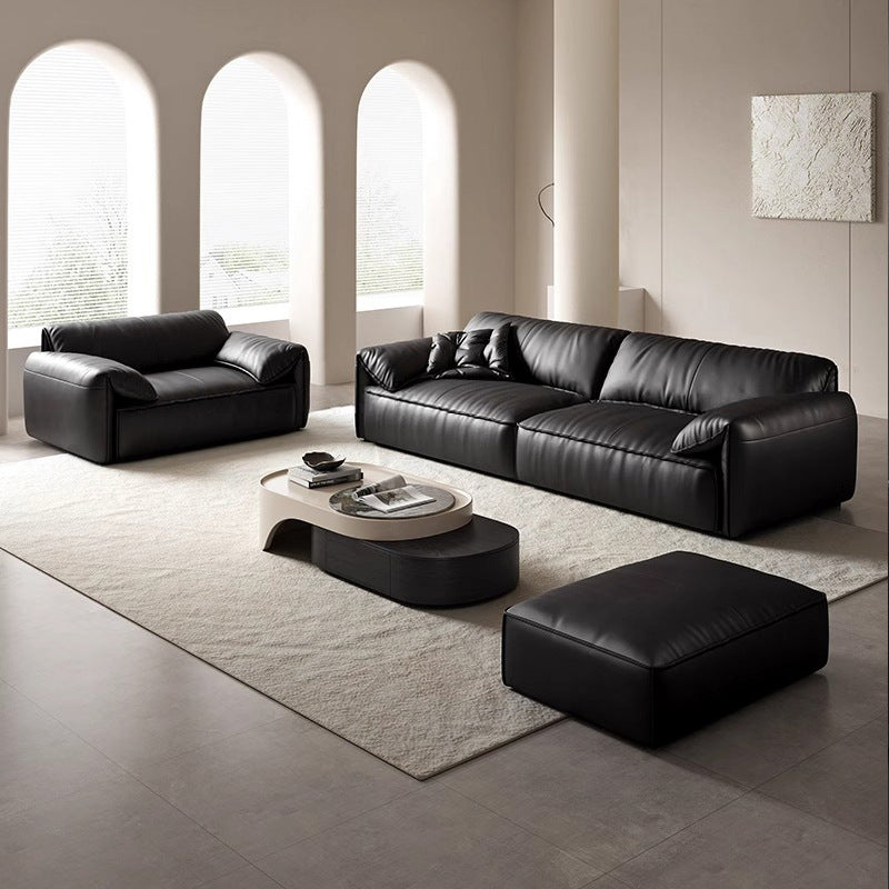 Leather sofa living room minimalist first layer cowhide three-person sofa straight row sofa black