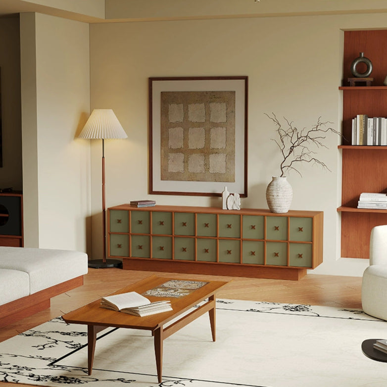 Medieval solid wood design TV cabinet retro wood color modern simple living room high floor cabinet