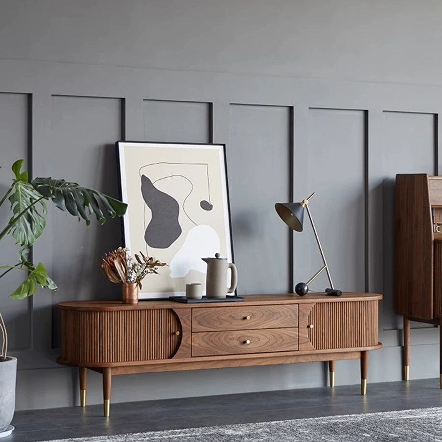 Solid wood TV cabinet black walnut color medium and ancient style simple modern light luxury organ door designer video cabinet