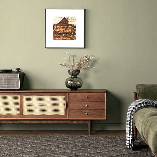 Solid wood TV cabinet wind rattan door living room simple modern log cabinet