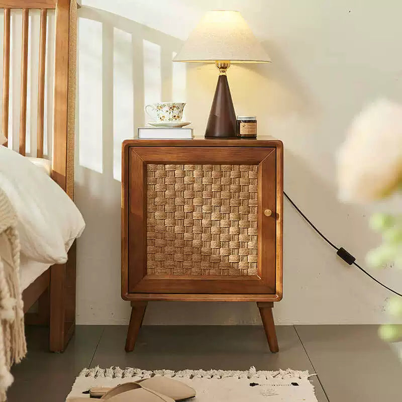 Solid wood bedside table Modern simple bedroom storage locker Rattan household small rack custom