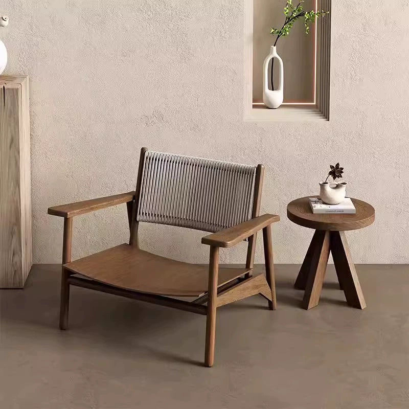 Outdoor sofa chair rope woven single rattan chair waterproof balcony garden homestay courtyard solid wood anti-corrosion furniture custom