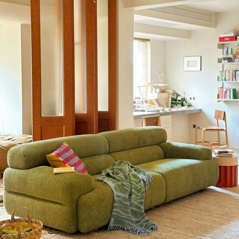 Retro lamb wool cream style small apartment living room three-person straight row green fabric sofa
