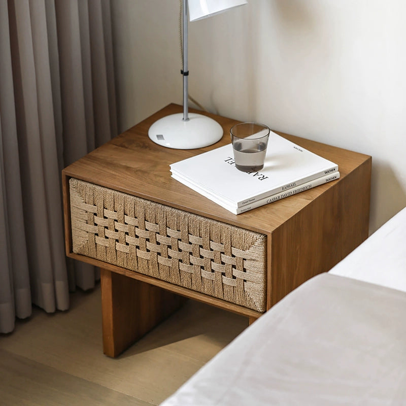 Rattan solid wood cabinet bedside cabinet household retro edge table custom