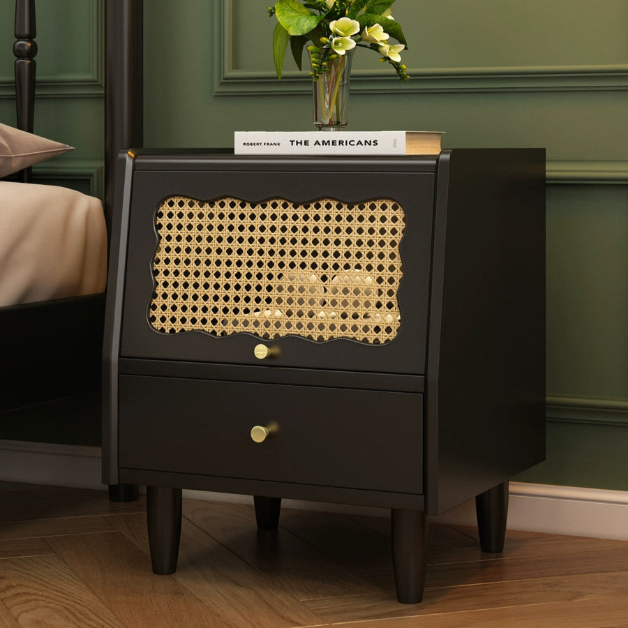 Bedside table Solid wood retro bedroom storage table Rattan small cabinet Small bedside locker