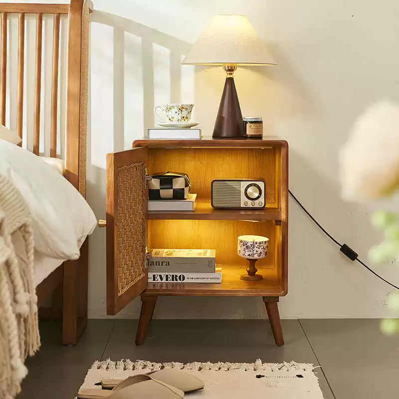 Solid wood bedside table Modern simple bedroom storage locker Rattan household small rack custom