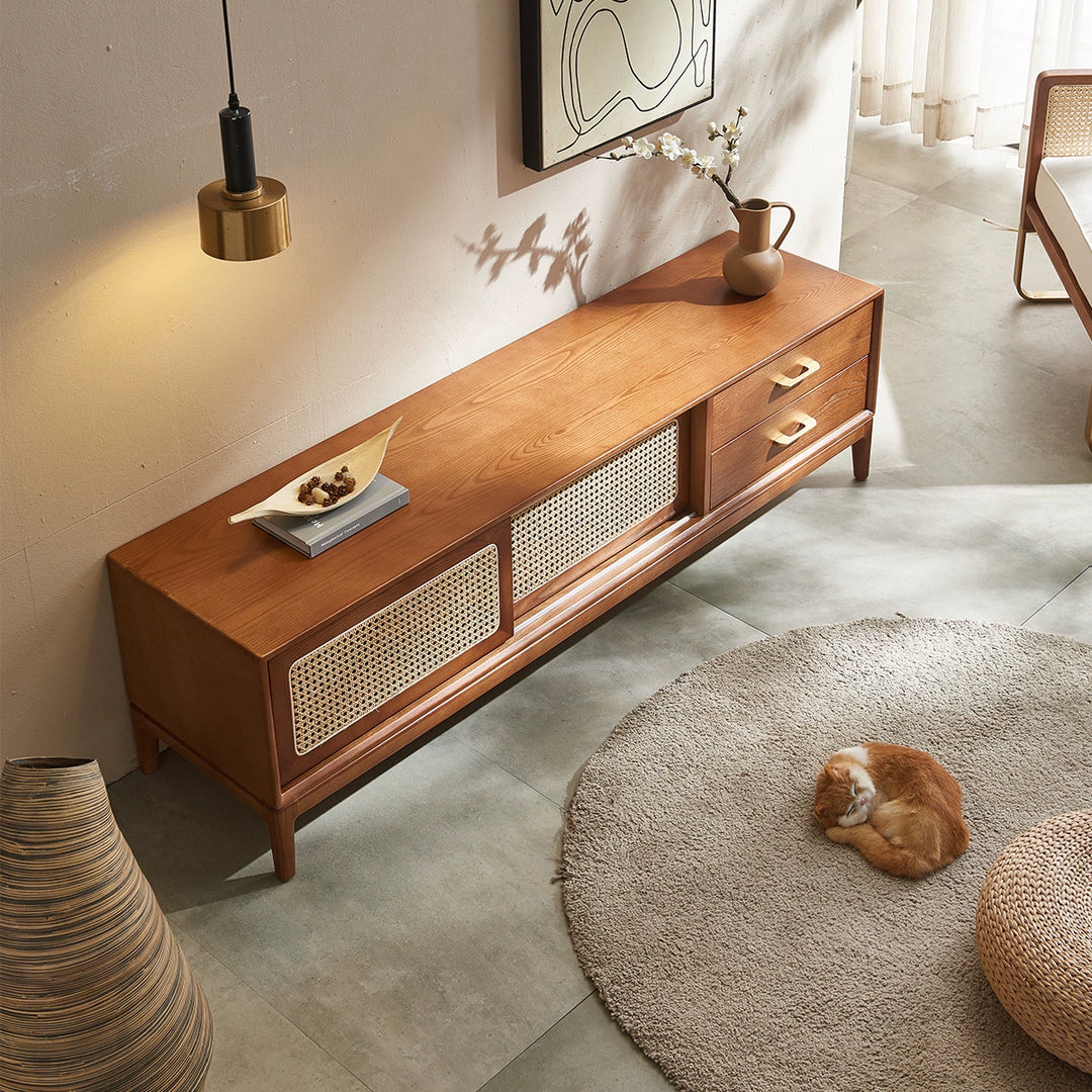 Solid wood rattan TV cabinet living room simple homestay creative rattan locker storage cabinet custom