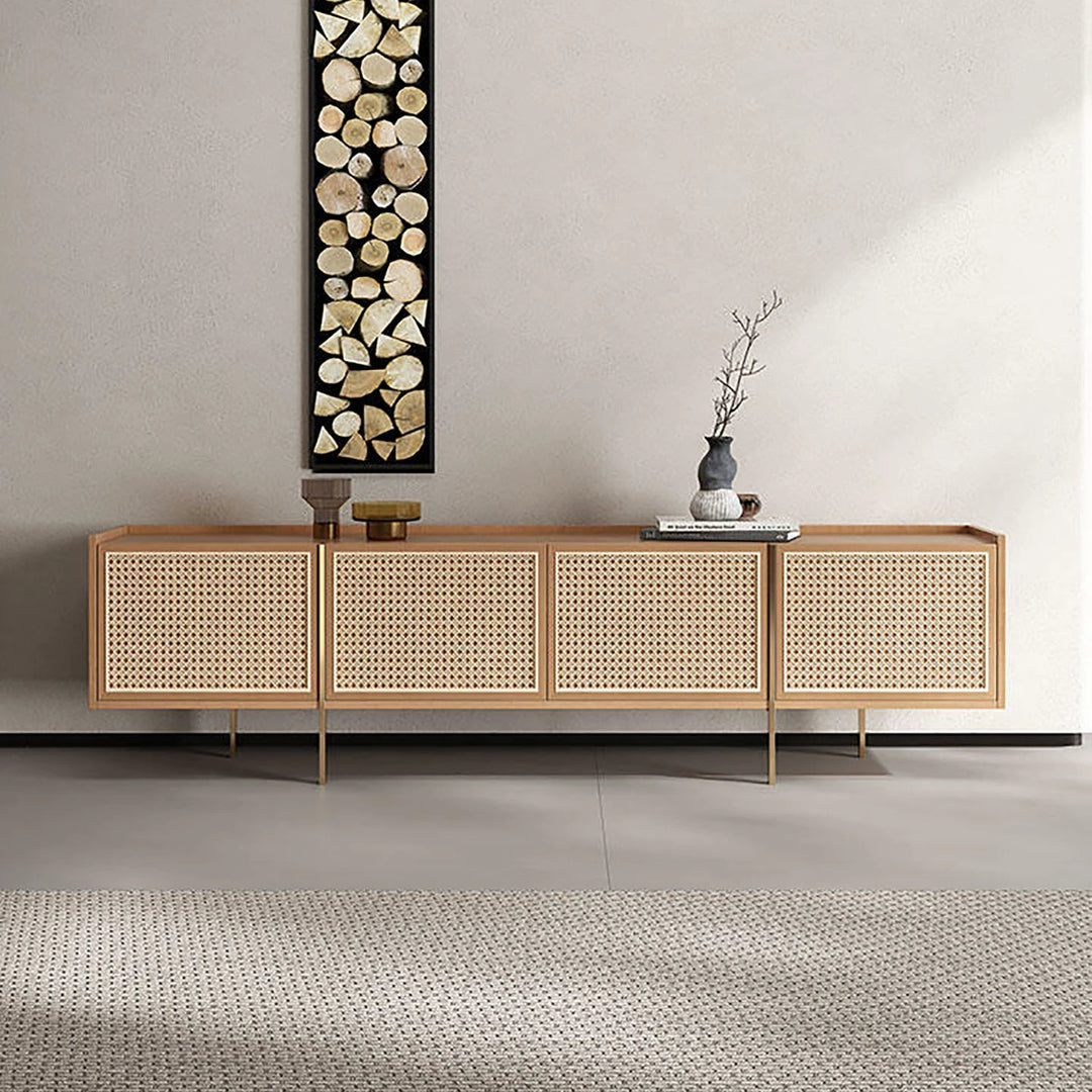 Rattan TV cabinet Solid wood display cabinet Household living room Simple light luxury locker Customized