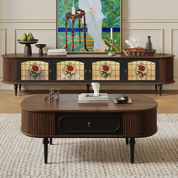 Vintage all-solid wood TV cabinet Living room home painted glass TV cabinet