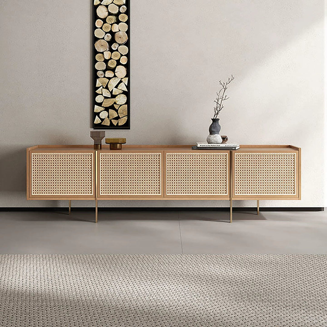 Rattan TV cabinet Solid wood display cabinet Household living room Simple light luxury locker Customized