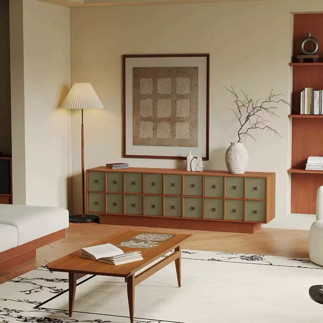 Medieval solid wood design TV cabinet retro wood color modern simple living room high floor cabinet
