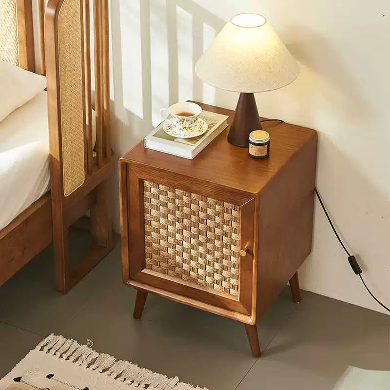 Solid wood bedside table Modern simple bedroom storage locker Rattan household small rack custom