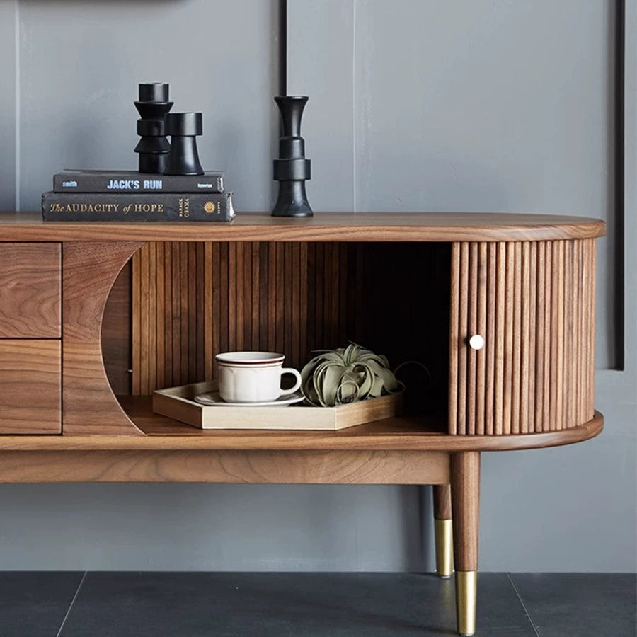 Solid wood TV cabinet black walnut color medium and ancient style simple modern light luxury organ door designer video cabinet