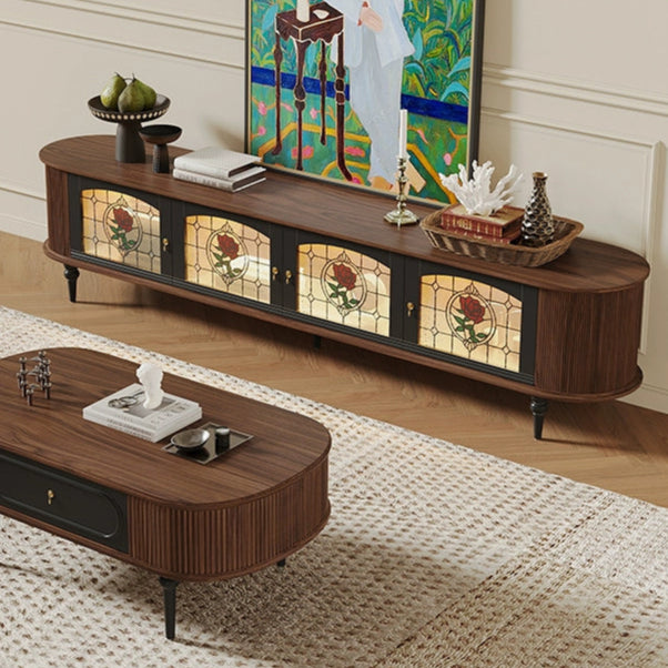 Vintage all-solid wood TV cabinet Living room home painted glass TV cabinet