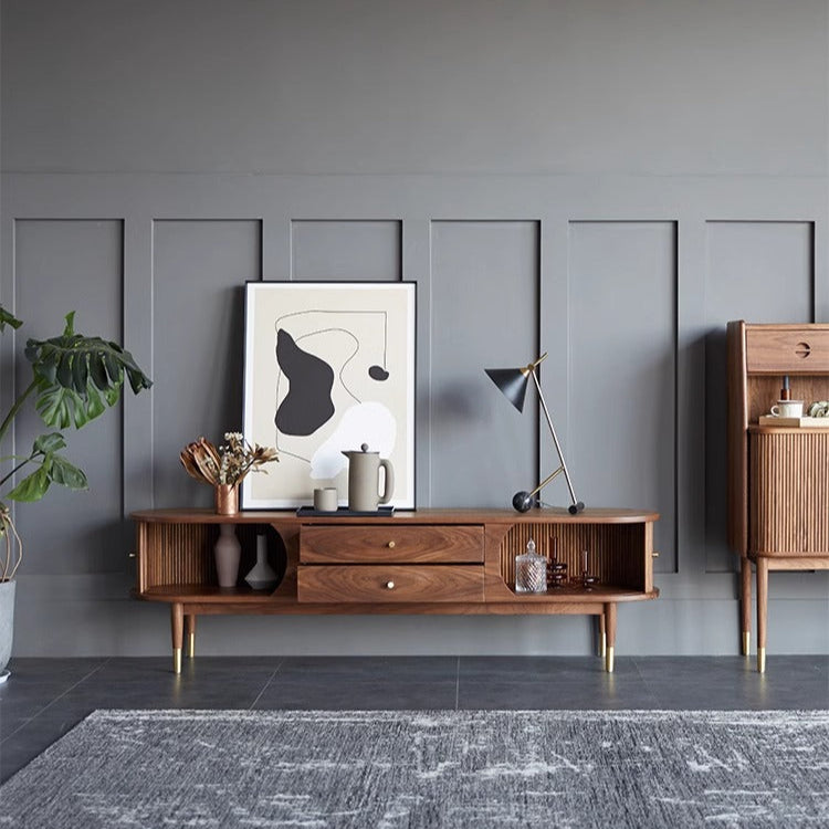 Solid wood TV cabinet black walnut color medium and ancient style simple modern light luxury organ door designer video cabinet