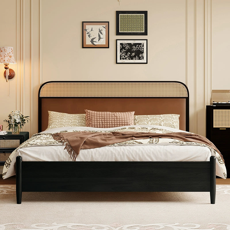Rattan bed Solid wood bed Homestay retro bedroom furniture custom