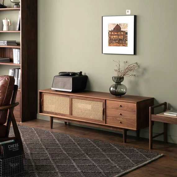 Solid wood TV cabinet wind rattan door living room simple modern log cabinet