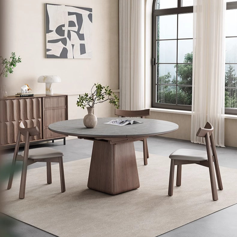 Solid wood dining table Variable round table Small apartment Modern simple square and round dual-purpose telescopic rock slab dining table Customized