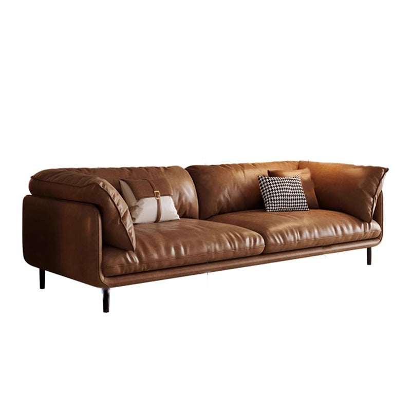 Retro oil wax leather hug sofa, antique modern minimalist leather in the living room, straight row small apartment sofa