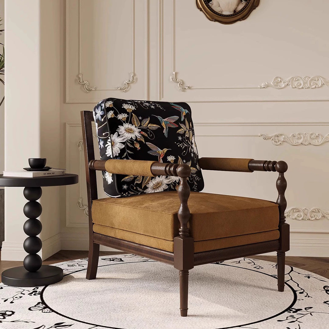 Medieval Chair Back Chair Sofa Chair Living Room Leisure Chair Fabric Solid Wood Bedroom Balcony Retro