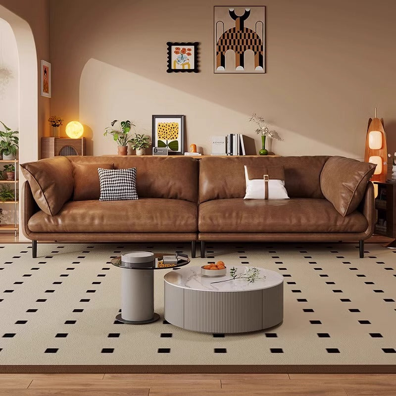 Retro oil wax leather hug sofa, antique modern minimalist leather in the living room, straight row small apartment sofa