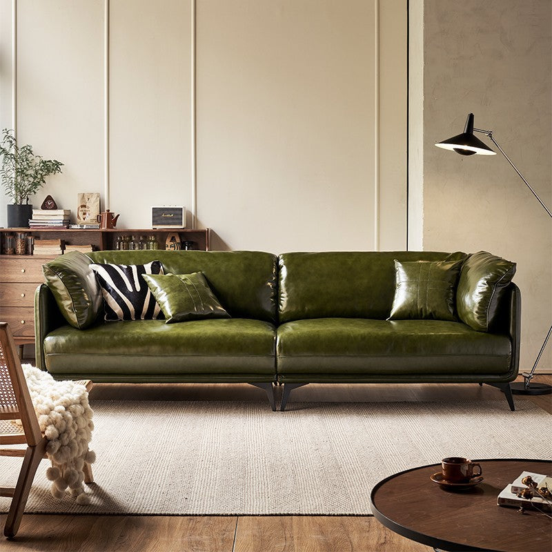 Leather sofa first layer cowhide living room small apartment retro oil wax cowhide dark green arms sofa