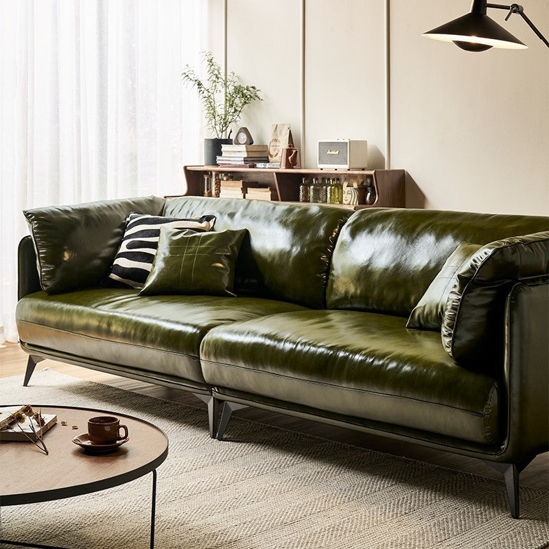 Leather sofa first layer cowhide living room small apartment retro oil wax cowhide dark green arms sofa