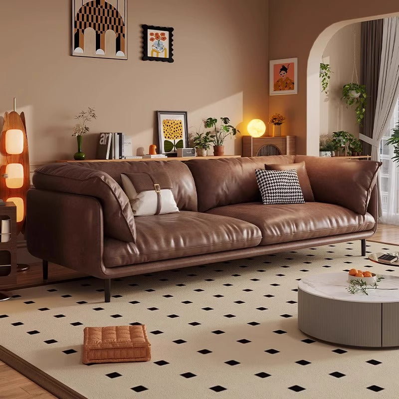 Retro oil wax leather hug sofa, antique modern minimalist leather in the living room, straight row small apartment sofa
