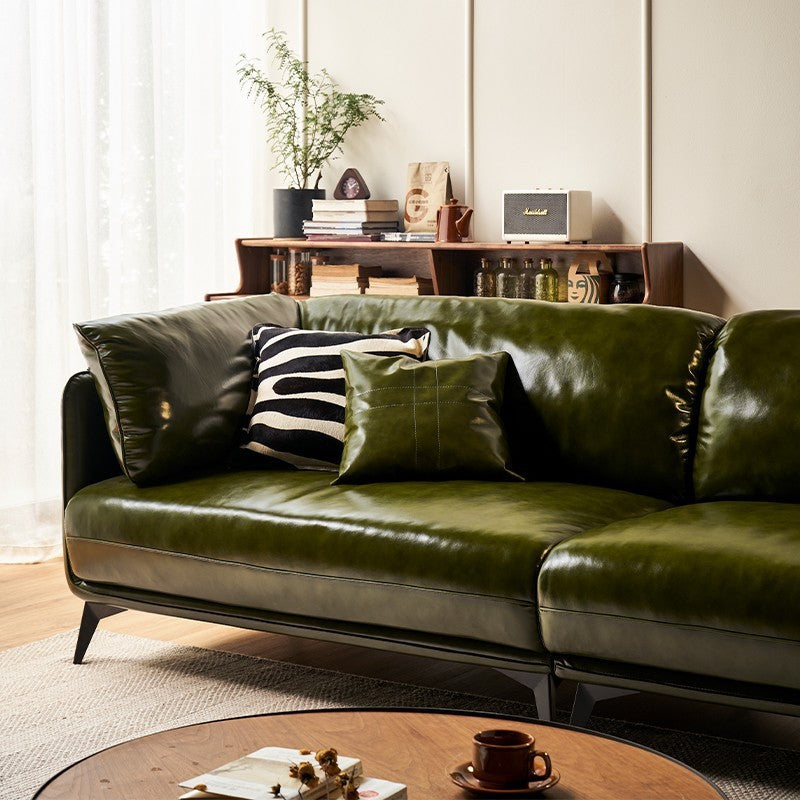 Leather sofa first layer cowhide living room small apartment retro oil wax cowhide dark green arms sofa