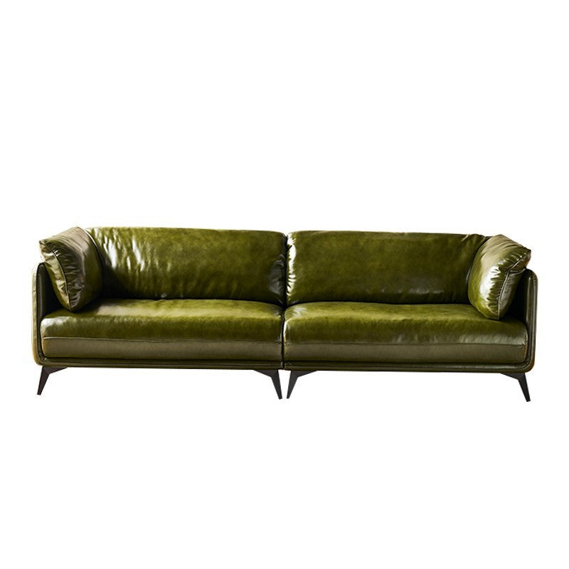 Leather sofa first layer cowhide living room small apartment retro oil wax cowhide dark green arms sofa