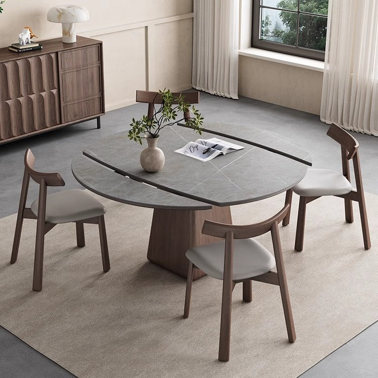 Solid wood dining table Variable round table Small apartment Modern simple square and round dual-purpose telescopic rock slab dining table Customized