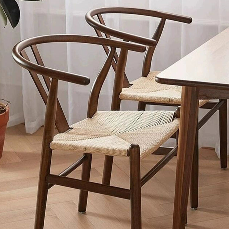 Original solid wood style simple dining chair modern balcony armrest backrest household Chinese rope rattan study tea table chair