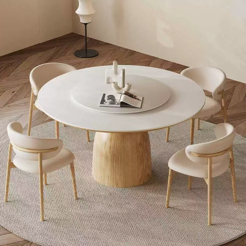 Log rock slab round dining table Household white dining table with turntable Solid wood dining table Round table Customized